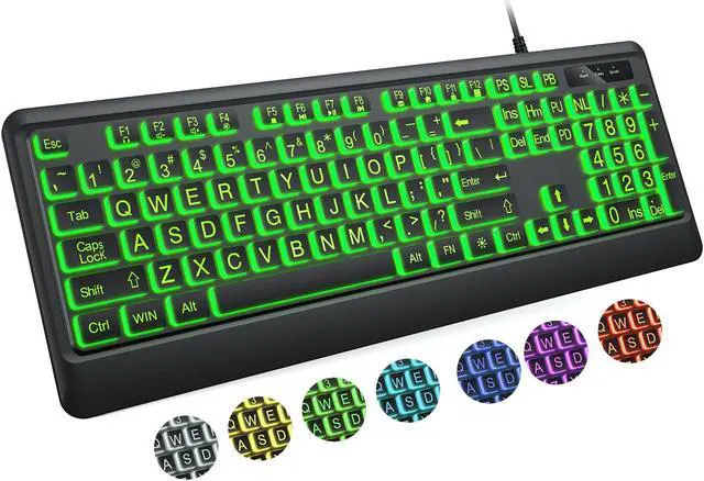Main image of KOPJIPPOM Large Print Keyboard - 7 Interchangeable Backlight Colors, Light Up USB Wired Computer Keyboards, USB Plug-and-Play, Foldable Stands, Corded Full Size Keyboard for Windows, PC, Laptop