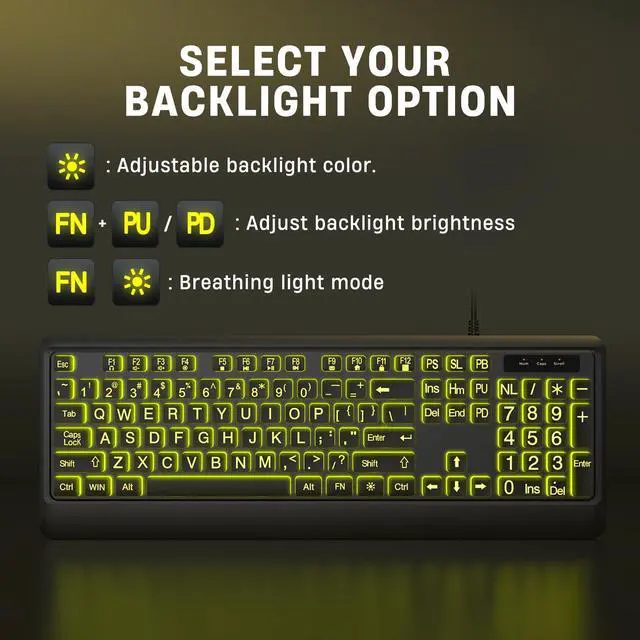 Alt view image 5 of 5 - KOPJIPPOM Large Print Keyboard - 7 Interchangeable Backlight Colors, Light Up USB Wired Computer Keyboards, USB Plug-and-Play, Foldable Stands, Corded Full Size Keyboard for Windows, PC, Laptop