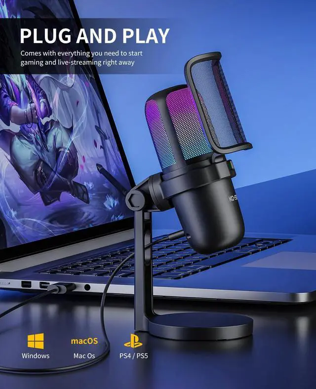 Alt view image 4 of 5 - Ko-Star Mini USB Microphone for PC,Computer Gaming Mic for PS4/ PS5/ Mac,Adjust Condenser Mic with Quick Mute,RGB Light,Pop Filter,Shock Mount for Recording,Streaming,Podcasting,YouTube