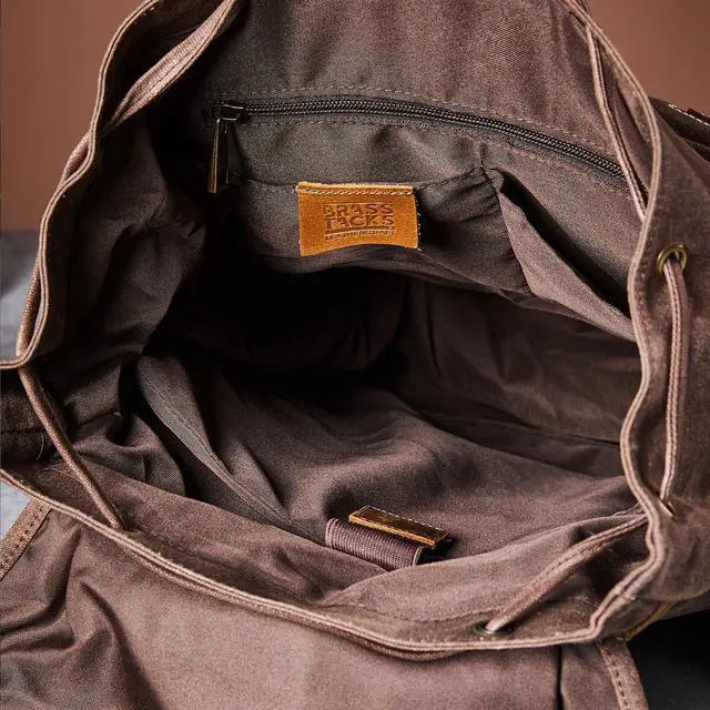 Alt view image 5 of 5 - BRASS TACKS Leathercraft Backpack for Men Heavy Duty Waxed Canvas Vintage Women Trim Casual 15.6" laptop Travel Backpack-Coffee