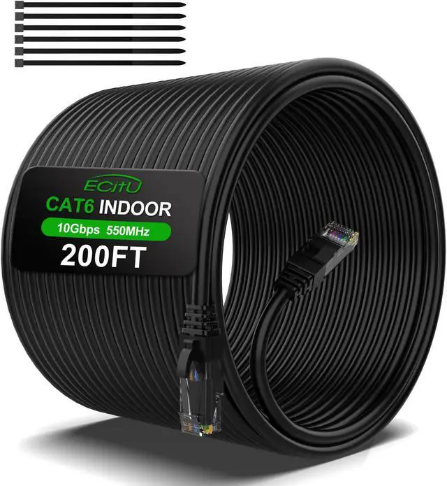 Main image of 200FT Cat6 Ethernet Cable, Cat 6 Patch Cable, Cat6 Internet Cable, UTP Network Cable, Indoor and Outdoor, PoE, 24AWG CCA, Compatible for PC, Laptop, Router, Switch, Server, with 25 Cable Ties - Black