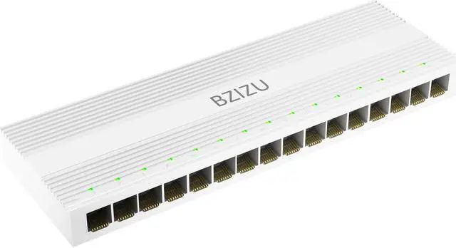Main image of BZIZU 16-Port Gigabit Ethernet Switch, Plug and Play Unmanaged Network Splitter, Small Desktop Size with Fanless Quiet Design, White Plastic Case