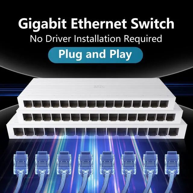 Alt view image 2 of 5 - BZIZU 16-Port Gigabit Ethernet Switch, Plug and Play Unmanaged Network Splitter, Small Desktop Size with Fanless Quiet Design, White Plastic Case