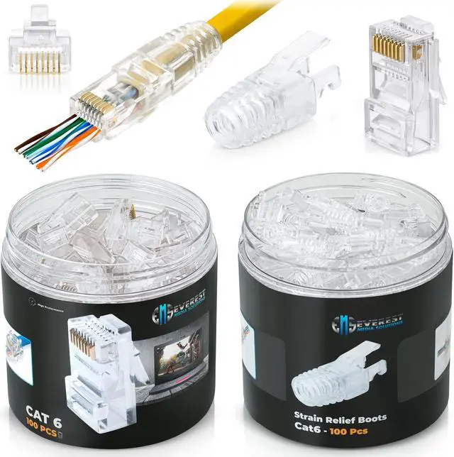 Main image of Everest Media Solutions RJ45 Cat6 Pass Through Connectors and Strain Relief Boots - Pack of 100/100 - EZ to Crimp Modular Plug for Solid or Stranded UTP Network Cable - Male Ethernet Connector End