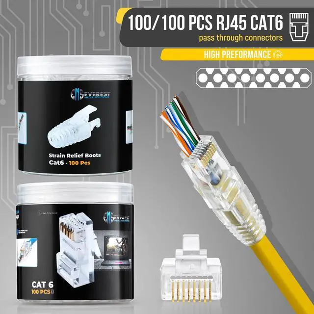 Alt view image 2 of 5 - Everest Media Solutions RJ45 Cat6 Pass Through Connectors and Strain Relief Boots - Pack of 100/100 - EZ to Crimp Modular Plug for Solid or Stranded UTP Network Cable - Male Ethernet Connector End