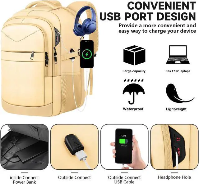 Alt view image 5 of 5 - Lapsouno Travel Laptop Backpack,Sturdy Large 17 inch Carry on Travel Backpack,TSA Flight Approved Business Backpack,Anti-Theft USB College Backpack,Backpack for Men Women (Grey+Light Yellow)