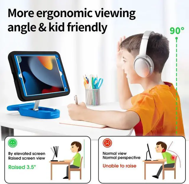 Alt view image 4 of 5 - LeiJue Kids Case for iPad 7th/8th/9th Gen 10.2 inch,Adjustable Portrait/Landscape Stand/Drop Proof with Handle/Kickstand,Child Friendly Protective Cover for iPad 10.2 2021/2020/2019 (BlackBlue)