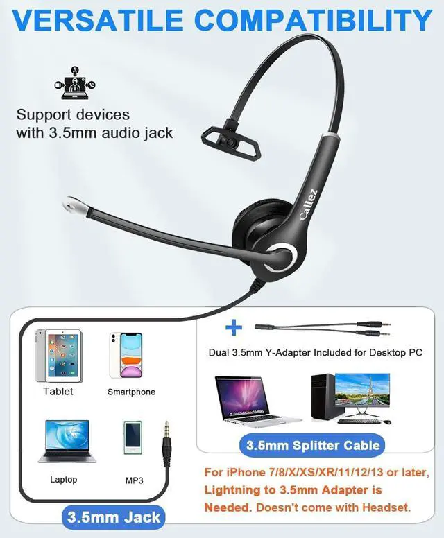 Alt view image 2 of 5 - Callez 3.5mm Cell Phone Headset with Call Control, Computer Headset with Microphone Noise Cancelling for iPhone Samsung iPad PC Skype Office Meetings Call Center Work, Clear Chat, Super Comfort