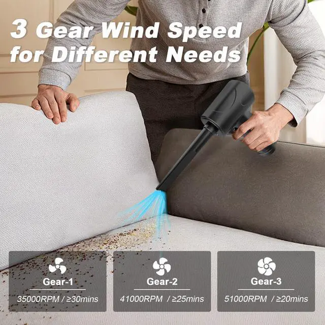 Alt view image 2 of 5 - Portable Air Blower, Compressed Air Duster 3 Gear 51000RPM 6000mAh Rechargeable Cordless Electric Air Duster with LED Light & Air Pump for Computer Laptop PC Keyboard PS5 -Replace Compressed Air Can
