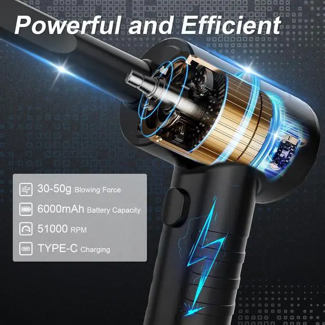 Alt view image 4 of 5 - Portable Air Blower, Compressed Air Duster 3 Gear 51000RPM 6000mAh Rechargeable Cordless Electric Air Duster with LED Light & Air Pump for Computer Laptop PC Keyboard PS5 -Replace Compressed Air Can