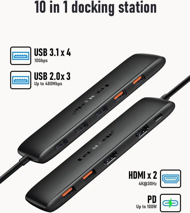 Alt view image 2 of 5 - Lemorele 10 -in-1 USB C Docking Station for Laptop Dell Mac HP Lenovo, 10Gbps USB C Hub with 2 HDMI 4K, 4*USB 3.1 10Gbps Data Port, 100W PD Charging, 3 USB 2.0 for Keybord, Mouse