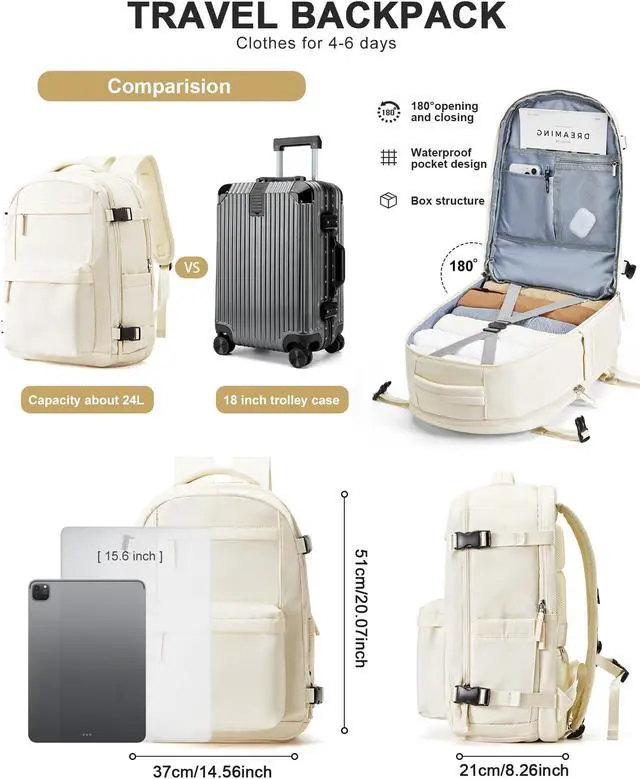 Alt view image 2 of 5 - Large Travel Backpack For Women Men,Mochila de Viaje,15.6Inch Laptop Travel Backpack Carry on Flight Approved,Frontier Airlines Personal Item Travel Bag,Waterproof Luggage Backpack(Beige)