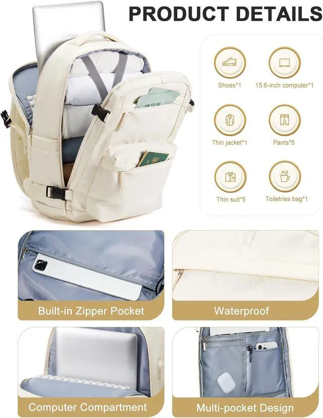 Alt view image 3 of 5 - Large Travel Backpack For Women Men,Mochila de Viaje,15.6Inch Laptop Travel Backpack Carry on Flight Approved,Frontier Airlines Personal Item Travel Bag,Waterproof Luggage Backpack(Beige)