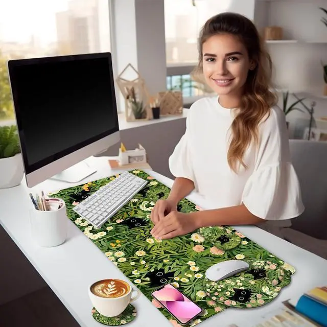 Alt view image 2 of 5 - LIMKRIAN Cat Ergonomic Mouse Pad with Wrist Rest Desk Mat Sets Accessories, Green Mouse Pads for Desk, Gaming Mouse Pad Wrist Support, Keyboard Mat Wrist Rest Cup Coaster Funny Office Desk Decor
