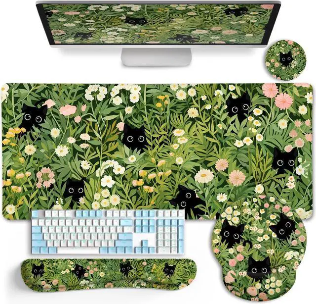 Main image of LIMKRIAN Cat Ergonomic Mouse Pad with Wrist Rest Desk Mat Sets Accessories, Green Mouse Pads for Desk, Gaming Mouse Pad Wrist Support, Keyboard Mat Wrist Rest Cup Coaster Funny Office Desk Decor
