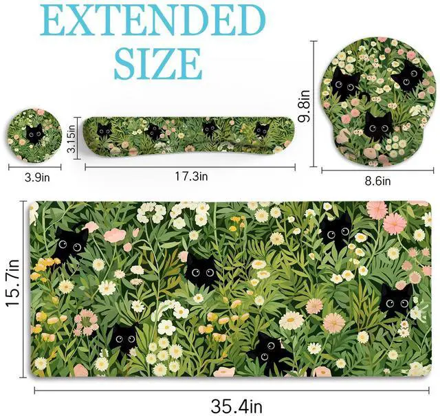 Alt view image 3 of 5 - LIMKRIAN Cat Ergonomic Mouse Pad with Wrist Rest Desk Mat Sets Accessories, Green Mouse Pads for Desk, Gaming Mouse Pad Wrist Support, Keyboard Mat Wrist Rest Cup Coaster Funny Office Desk Decor