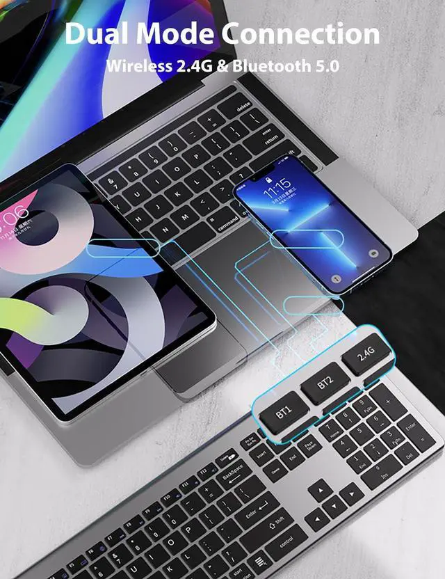 Alt view image 2 of 5 - LINKEET Dual-Mode Wireless Keyboard and Mouse Combo, Rechargeable 2.4G/Bluetooth Keyboard Mouse Set, Ultra Slim Full Size 108-Key with Numpad Silent Scissor Keys for PC/Laptop/Win/Mac, Grey Black