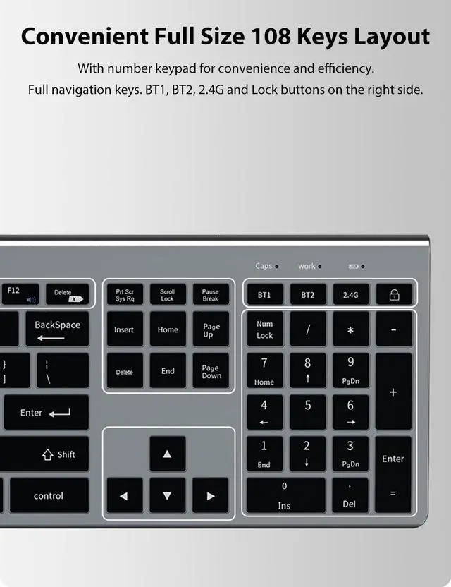 Alt view image 4 of 5 - LINKEET Dual-Mode Wireless Keyboard and Mouse Combo, Rechargeable 2.4G/Bluetooth Keyboard Mouse Set, Ultra Slim Full Size 108-Key with Numpad Silent Scissor Keys for PC/Laptop/Win/Mac, Grey Black