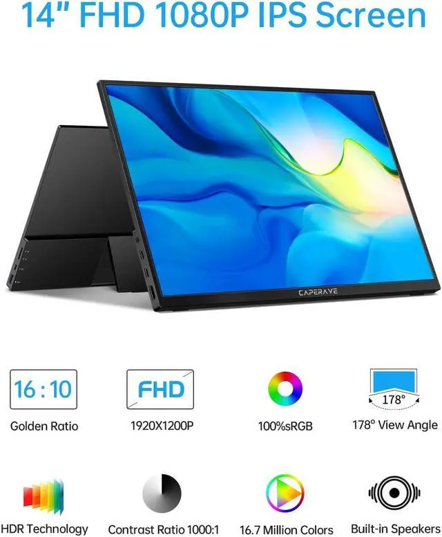 Alt view image 2 of 5 - CAPERAVE Portable Monitor - 14.0" USB C HDMI Travel Monitor for Laptop, FHD 100% sRGB, Built-in Kickstand & Speakers, Second Screen and External Monitor for MacBook Xbox PS4/5 Switch