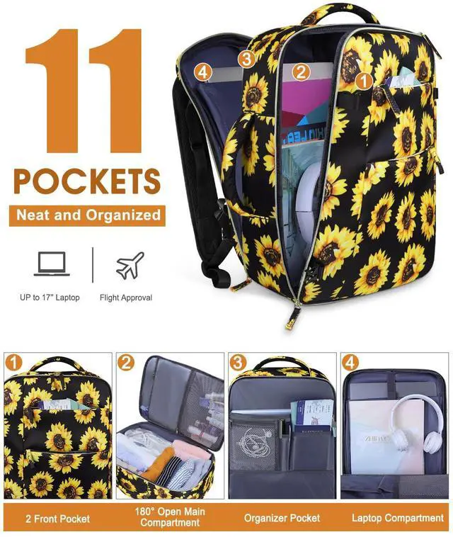 Alt view image 3 of 5 - Capolo Travel Backpack for Women Men Waterproof Laptop Backpack Airlines Approved Carry On Backpack Bag Computer Bookbag for Business, Work, Traveling Fits 17 Inch Laptop(Sunflower)