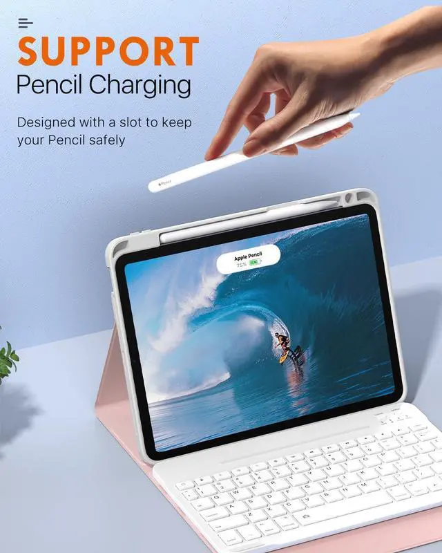 Alt view image 3 of 5 - MoKo for New iPad Air 11 Inch Case with Keyboard 2025/2024 Released, Magic Detachable Folio Keyboard Cover with Pencil Holder for iPad Air 7th/6th/5th/4th Generation, Nosegay Pink