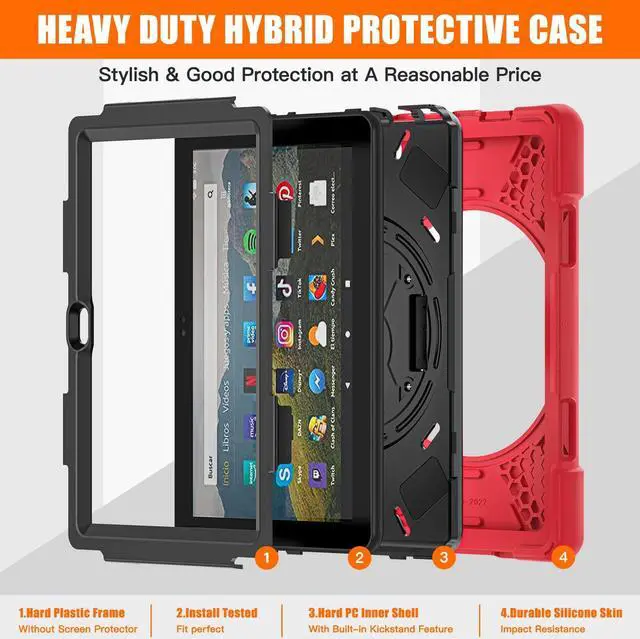 Alt view image 3 of 5 - Rugged Case for Amazon-Kindle-Fire-HD-8 & 8 Plus Tablet (12th Generation, 2022) 8 w/ 360° Rotating Hands-Free Kickstand, Full Body Armor Heavy Duty Shock-Proof Cover w/Hand/Shoulder Strap(Red)