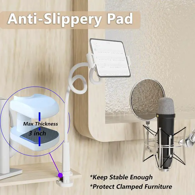 Alt view image 5 of 5 - Tablet Stand Holder, Mount Holder Clip with Grip Flexible Long Arm Gooseneck Compatible with ipad iPhone/Nintendo Switch/Samsung Galaxy Tabs/Amazon Kindle Fire HD (New White)