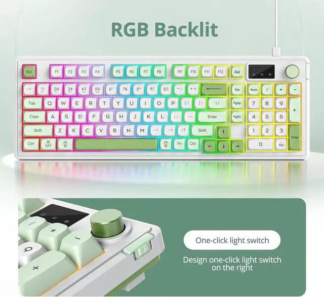 Alt view image 5 of 5 - Mosptnspg RGB Mechanical Feel Membrane Wireless Keyboard, Wired/Bluetooth/2.4G Silent ABS Ball Cap Gasket Structure Gaming Office Keyboard for PC/Mac/Win(White Green)