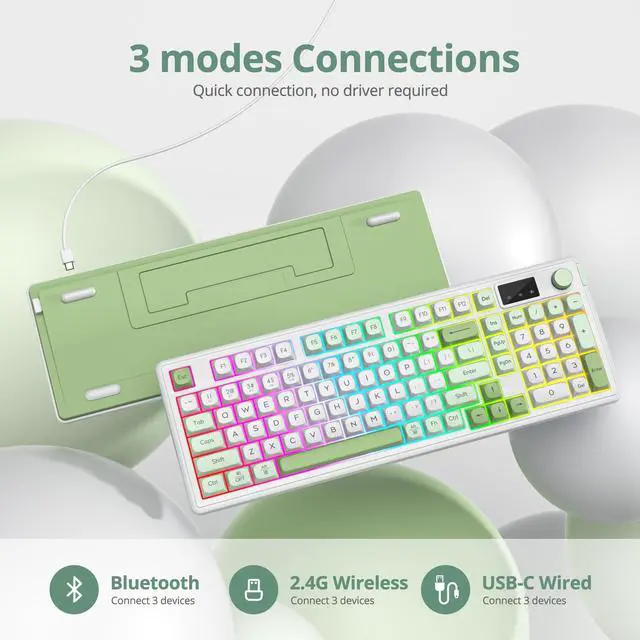 Alt view image 4 of 5 - Mosptnspg RGB Mechanical Feel Membrane Wireless Keyboard, Wired/Bluetooth/2.4G Silent ABS Ball Cap Gasket Structure Gaming Office Keyboard for PC/Mac/Win(White Green)