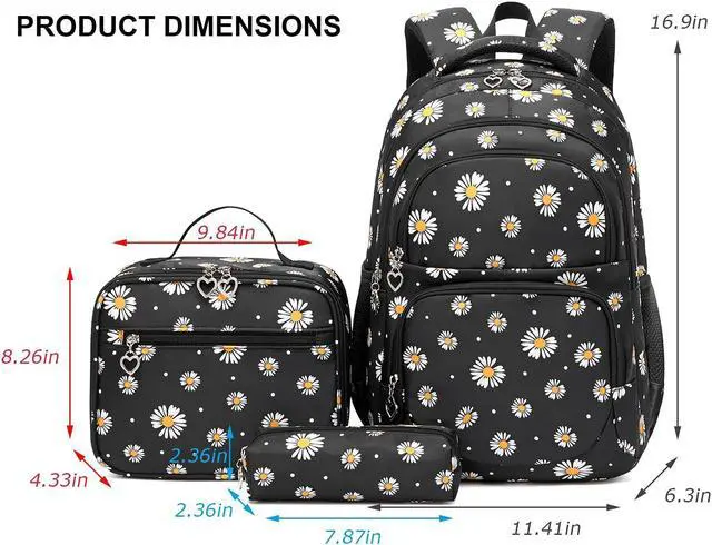 Alt view image 2 of 5 - goldwheat Daisy Printed Backpacks With Lunch Pack Pencil Case 3pcs, Lightweight Water Resistant Bookbag For Middle School