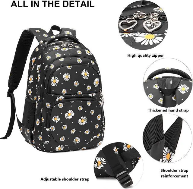 Alt view image 3 of 5 - goldwheat Daisy Printed Backpacks With Lunch Pack Pencil Case 3pcs, Lightweight Water Resistant Bookbag For Middle School