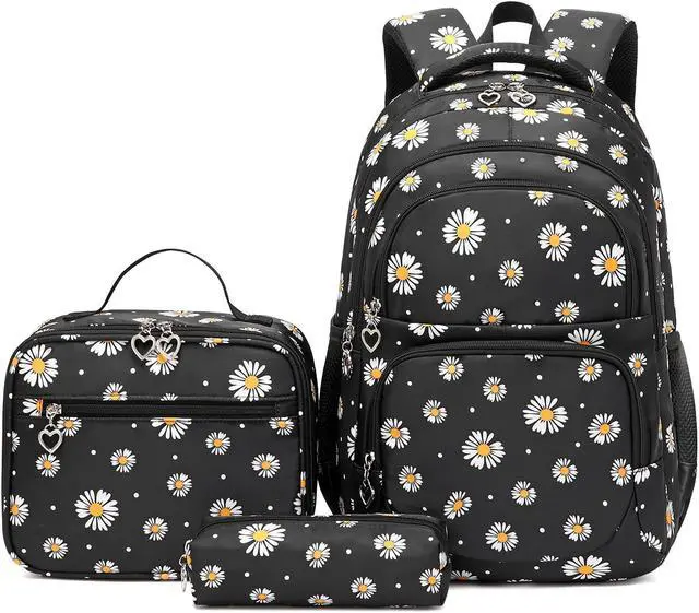 Main image of goldwheat Daisy Printed Backpacks With Lunch Pack Pencil Case 3pcs, Lightweight Water Resistant Bookbag For Middle School