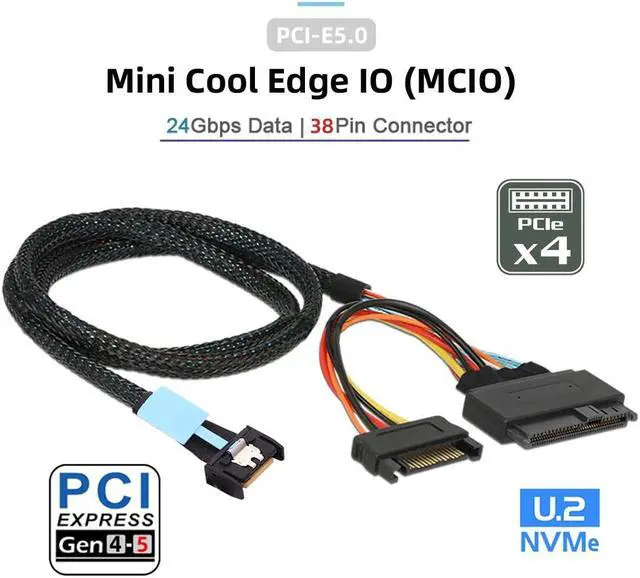 Alt view image 2 of 5 - xiwai PCIe 5.0 MCIO 4X Mini Cool Edge IO to U.2 SFF-8639 NVME PCI-Express with 15P Sata Power Cable for SSD Mainboard 50cm