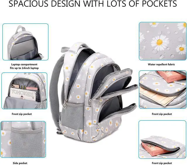 Alt view image 4 of 5 - goldwheat Daisy Printed Backpacks With Lunch Pack Pencil Case 3pcs, Lightweight Water Resistant Bookbag For Middle School