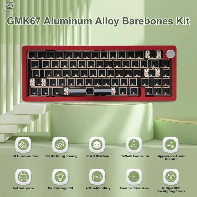 Alt view image 4 of 5 - BOYI GMK67-65% Aluminum Alloy Keyboard Kit,Hot-Swappable BT5.0/2.4G/Type-C Tri-Mode Wireless CNC RGB Mechanical Keyboard Gasket Mounted Kit,Customized South-Facing LED Barebones Kit(Red+Knob)