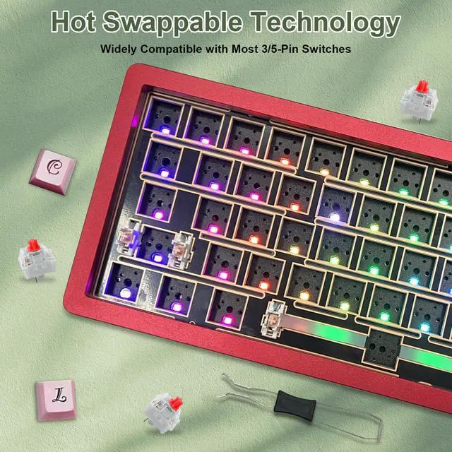 Alt view image 3 of 5 - BOYI GMK67-65% Aluminum Alloy Keyboard Kit,Hot-Swappable BT5.0/2.4G/Type-C Tri-Mode Wireless CNC RGB Mechanical Keyboard Gasket Mounted Kit,Customized South-Facing LED Barebones Kit(Red+Knob)