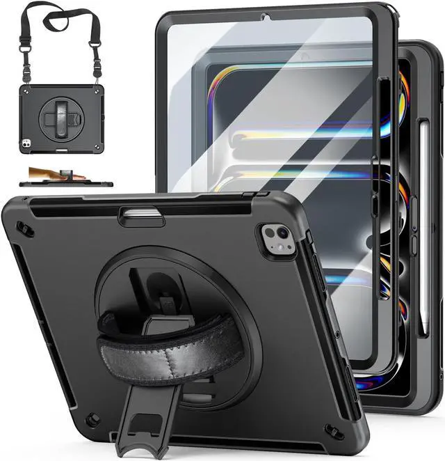 Main image of Case for iPad Pro 13 Inch 7th Generation 2024: Military Grade Cover for iPad Pro 13" (M4) W/Screen Protector - Stand - Handle - Shoulder Strap - Pencil Holder- Black