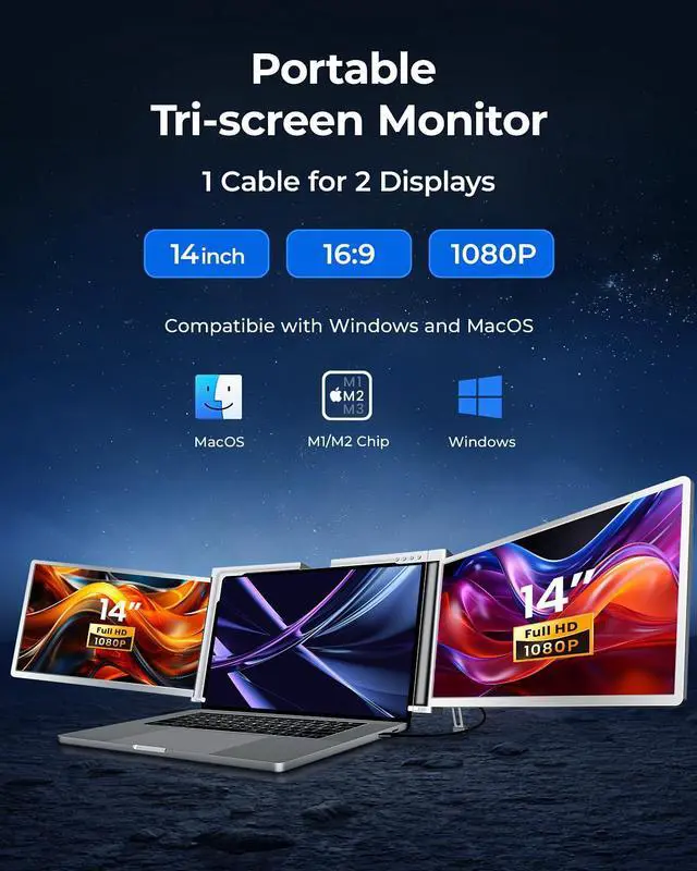 Alt view image 2 of 5 - RayCue Triple Laptop Screen Extender,[Only 1 Cable to Connect],14'' FHD 1080P 16:10 USB-C Laptop Screen Extender for Windows MacOS, Plug and Play for 13-17.3'' Type-C/USB-A Laptop