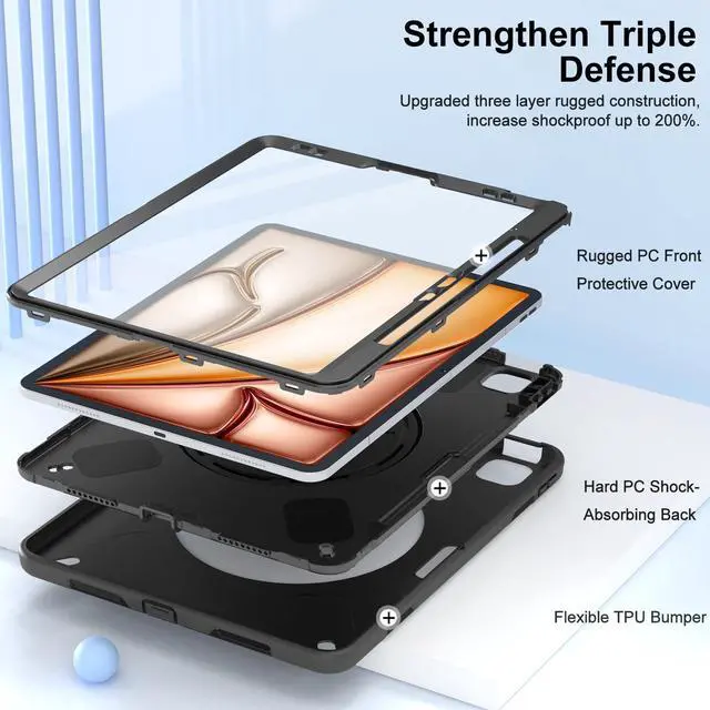 Alt view image 4 of 5 - Miesherk Case for iPad Air 13 Inch 2024, Military Grade Heavy Duty Shockproof iPad Air 6th Generation Case 2024 - Screen Protector, Rotating Stand, Pencil Holder, Hand/Shoulder Strap, Black