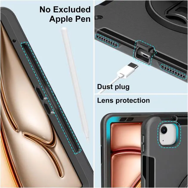 Alt view image 3 of 5 - Miesherk Case for iPad Air 13 Inch 2024, Military Grade Heavy Duty Shockproof iPad Air 6th Generation Case 2024 - Screen Protector, Rotating Stand, Pencil Holder, Hand/Shoulder Strap, Black