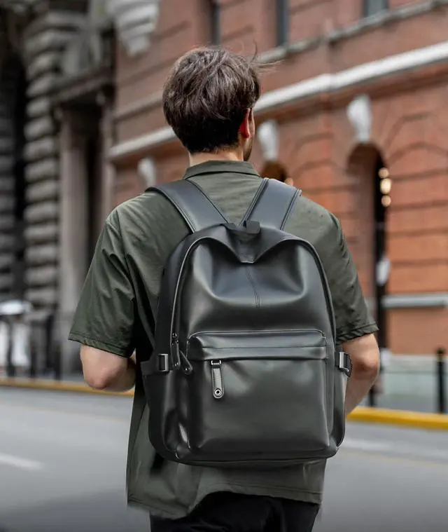 Alt view image 4 of 5 - MOYYI Leather Backpack for Men Black Large Backpack Fit 15.6inch Laptop Rucksack Waterproof for business Commute Casual Daypack