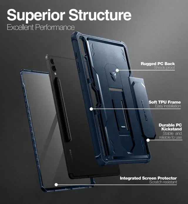 Alt view image 5 of 5 - Dexnor Case for Samsung Galaxy Tab S10 Plus (2024) / Galaxy Tab S9 Plus (2023) 12.4 Inch, [Built in Screen Protector & Kickstand] with Pen Holder Heavy Duty Shockproof Protective Cover - Blue