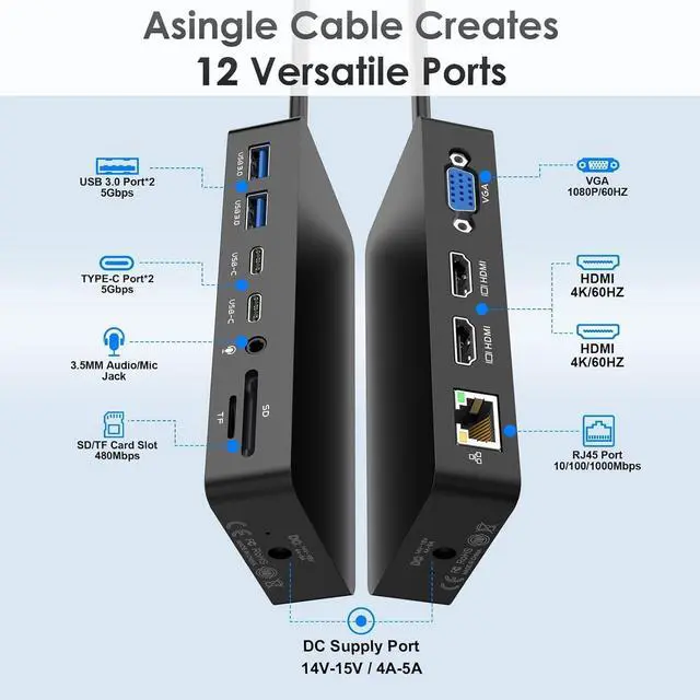 Alt view image 2 of 5 - 12-in-2 Docking Station MacBook Pro Triple Display Dual HDMI+VGA with 100W Power Adapter, 4K@60Hz Mac Dock for MacBook Pro Air M1/M2/M3 Pro with 2*HDMI VGA Ethernet SD/TF Audio 4*USB 96W PD US