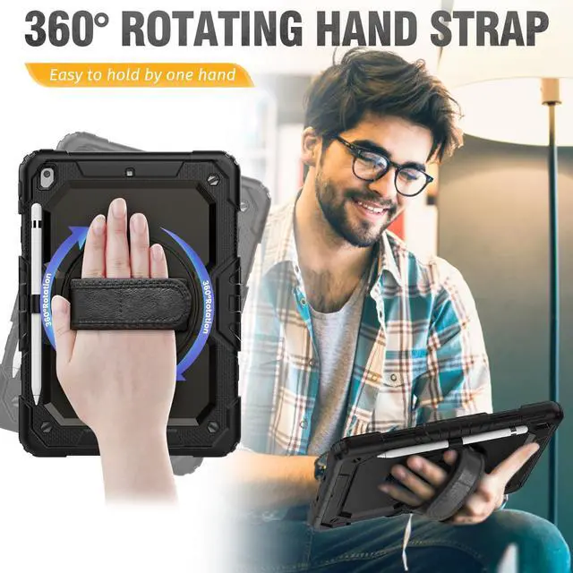 Alt view image 3 of 5 - HXCASEAC Case for iPad 9th/8th/7th Generation 10.2 inch, with Pencil Holder, Screen Protector, Hand Strap, Heavy Duty Protective for iPad 9/8/7 Case 10.2-inch 2021/2020/2019, Black