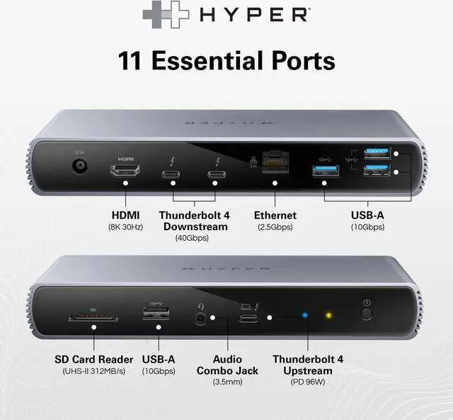 Alt view image 3 of 5 - HyperDrive Thunderbolt 4 Dock - Dual 6K60Hz Display Support Docking Station, 96W PD Charge, 2.5 Gigabit Ethernet, 10Gbps USB-A File Transfer, 11 Ports for PC/Mac