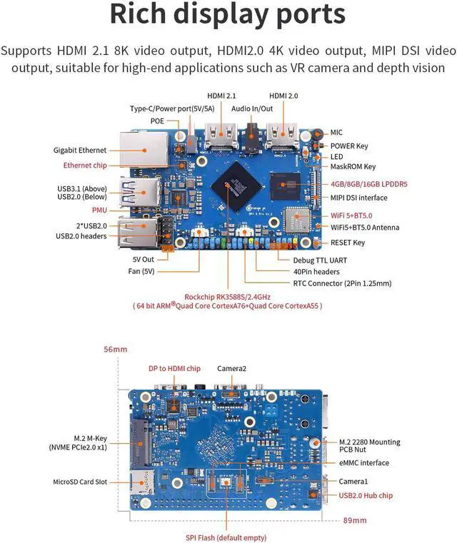 Alt view image 4 of 5 - Orange Pi 5 Pro 16GB LPDDR5 8 Core 64 Bit RK3588S Single Board Computer, 8K Video Decoding 2.4GHz Frequency WiFi Bluetooth Open Source Board Run Orange Pi OS, Android, Debian, Ubuntu