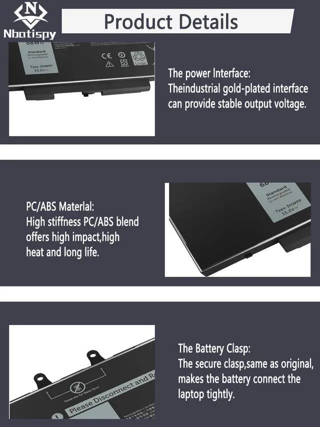 Alt view image 4 of 5 - 3HWPP Battery, Laptop Replacement for Dell Latitude 5401 5410 5411 5501 5510 5511 Precision 3541 3551 Inspiron 7706 2-in-1 Inspiron 17 7500/7506 2-in-1 Black 10X1J N2NLL 1VY7F 451-BCMN 15.2V 68Wh
