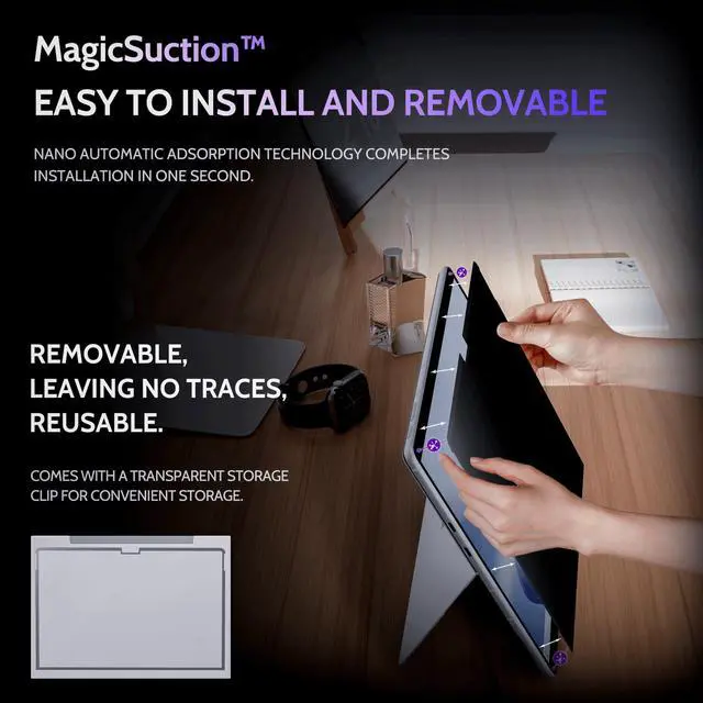 Alt view image 2 of 5 - Peslv Privacy Screen for 13 Inch Surface Pro 11/10/9/8/X, MagicSuction Removable Anti Spy Black Protector, Glare Blue Light Filter for Microsoft Laptop Computer Monitor