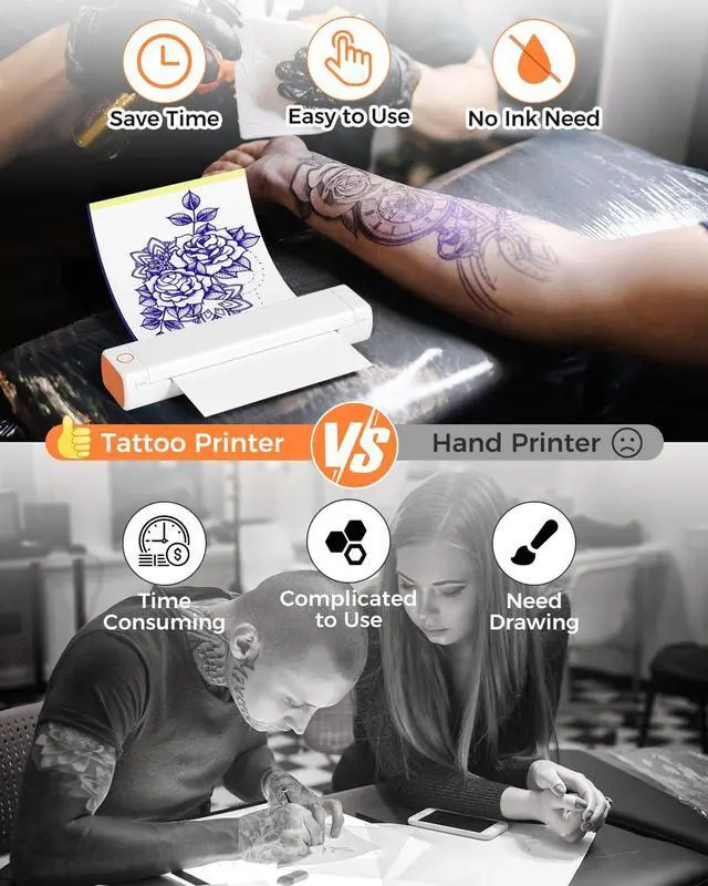 Alt view image 2 of 5 - Phomemo M08F Tattoo Stencil Printer with 45Pcs Tattoo Stencil Paper & 1Storage Case, Compatible with Phone, Tablet & PC, Gift for Tattoo Artists, Tattoo Beginners & Tattoo Studio, White and Orange
