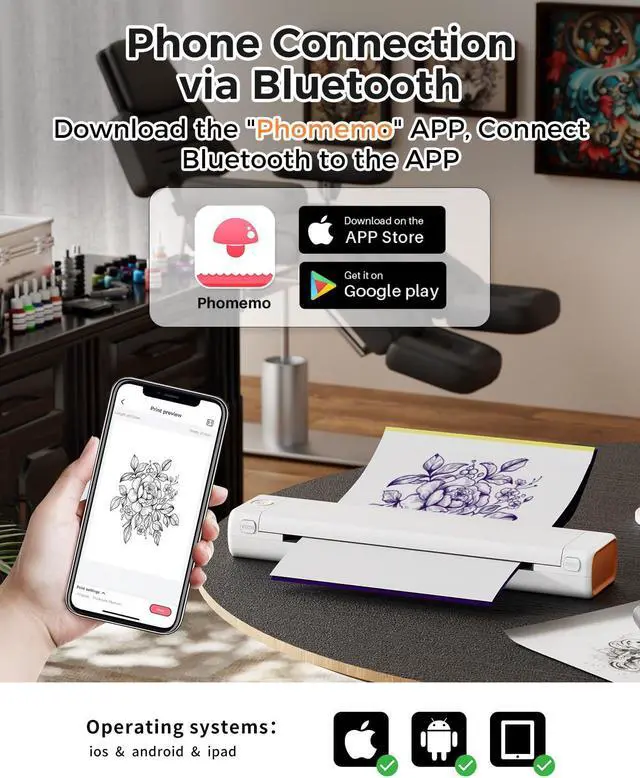 Alt view image 3 of 5 - Phomemo M08F Tattoo Stencil Printer with 45Pcs Tattoo Stencil Paper & 1Storage Case, Compatible with Phone, Tablet & PC, Gift for Tattoo Artists, Tattoo Beginners & Tattoo Studio, White and Orange